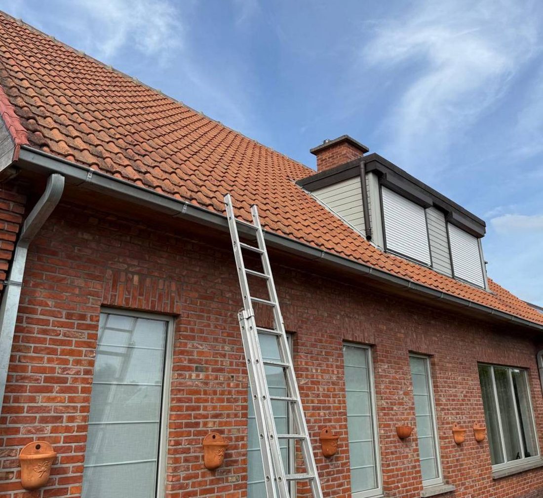 Rood pannendak met een dakkapel met rolluik, met een ladder tegen de gevel